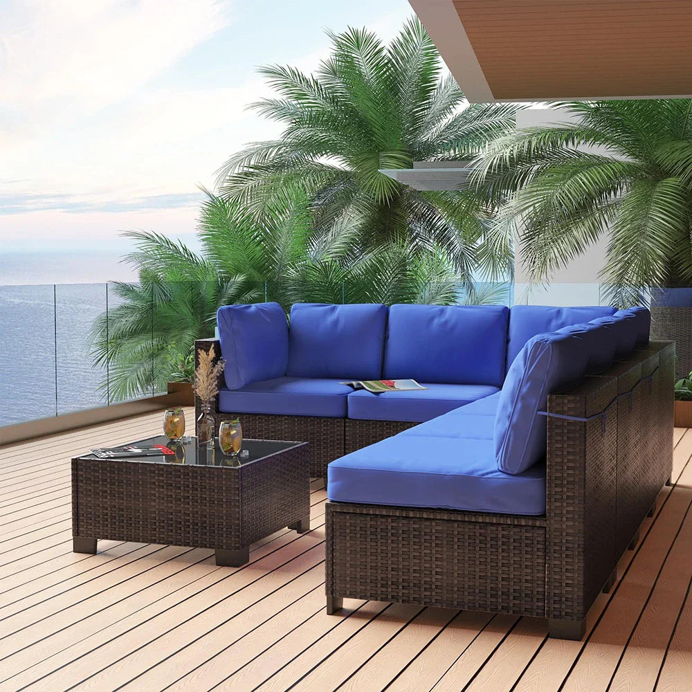 7-Piece PE Rattan Sectional Patio Set, Wicker Outdoor Sofa With Cushions & Glass Coffee Table, Conversation Furniture For Garden