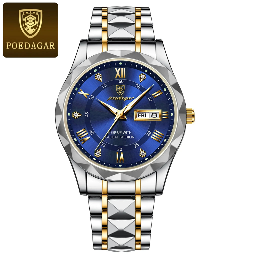 POEDAGAR Top Brand Luxury Men's Waterproof Stainless Steel Quartz Watch Luminous Calendar Week