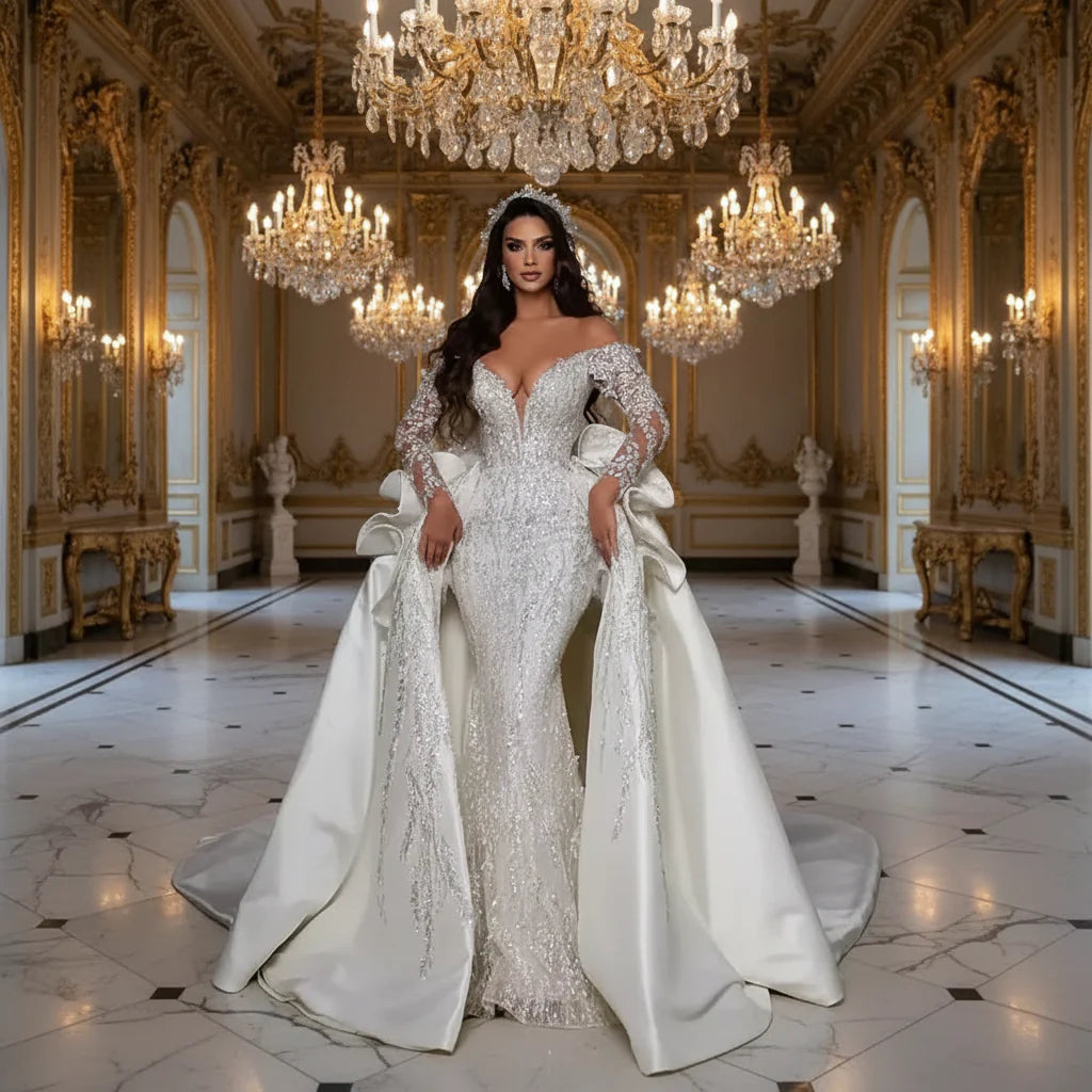 Customized Luxury Shoulder Beads Sequins Wedding Dresses with Detachable Train