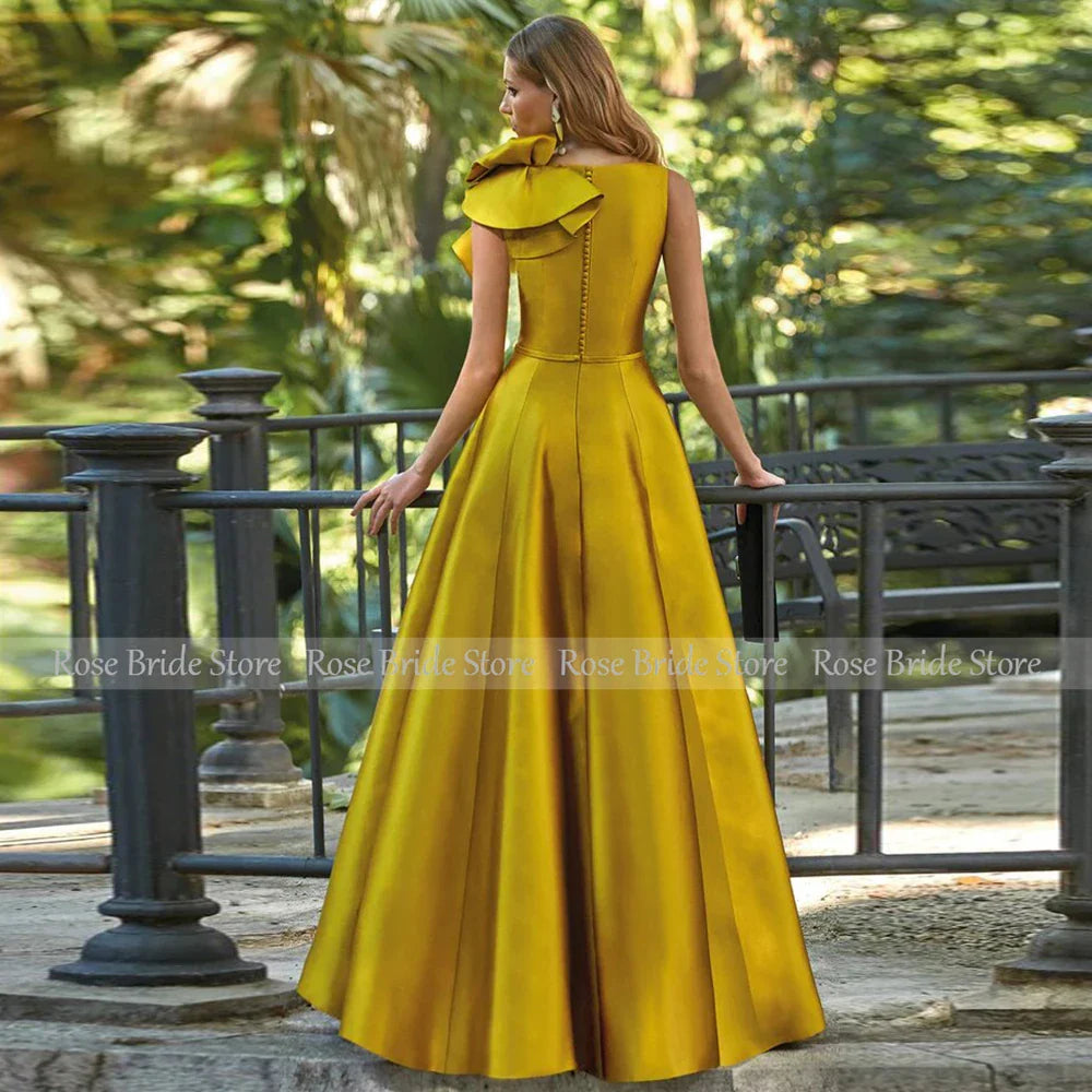 Wedding Guest Dress Formal Golden Satin Ruched Ruffles Gown A-line V-neck Special Occasion Dresses