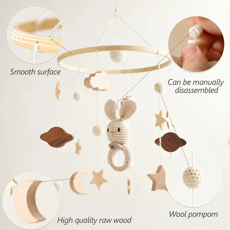 Baby Wooden Bed Bell Cartoon Rabbit Mobile