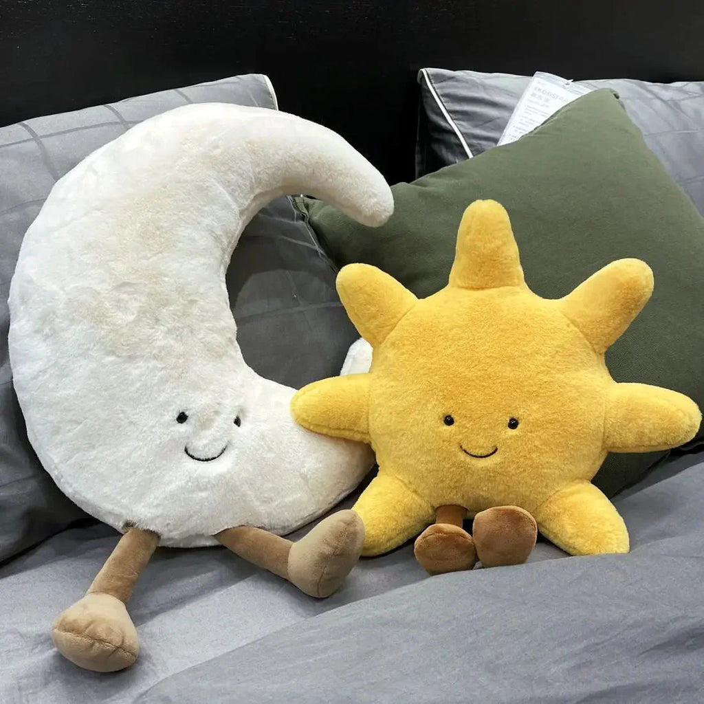 Adorable Smile Face White Moon Yellow Sun Plushie Stuffed Cute Cartoon Weather Plush Toy for Kid Bedroom Decor Sofa Throw Pillow