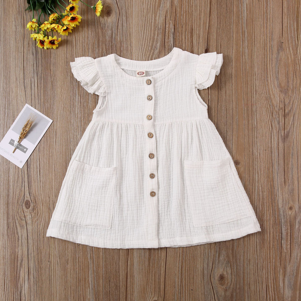 0-6Years Toddler Kid Baby Girl Summer Dress Ruffles Sleeves Cotton Button Pocket Dress Sundress
