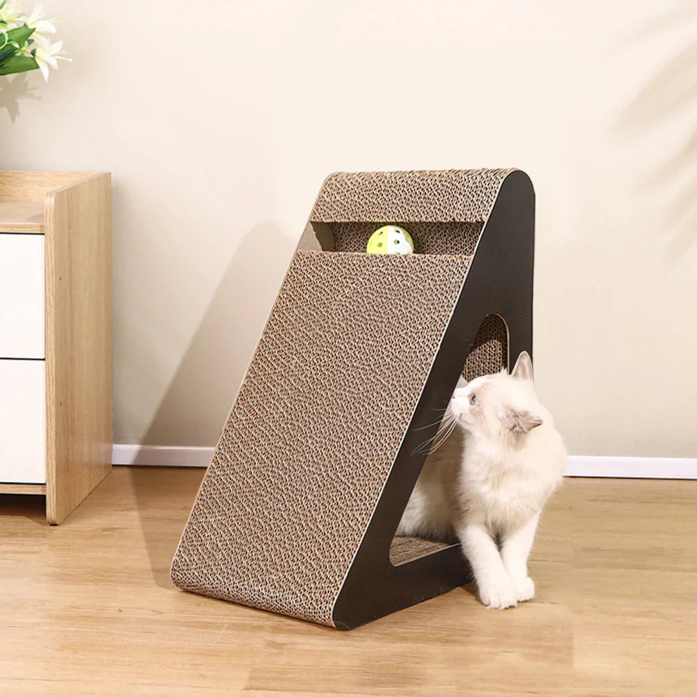 2-in-1 Cat Scratcher Triangle Toy with Spinning Balls – Sturdy Corrugated Cardboard Anti-Scratch Board for Stress Relief & Indoor Play
