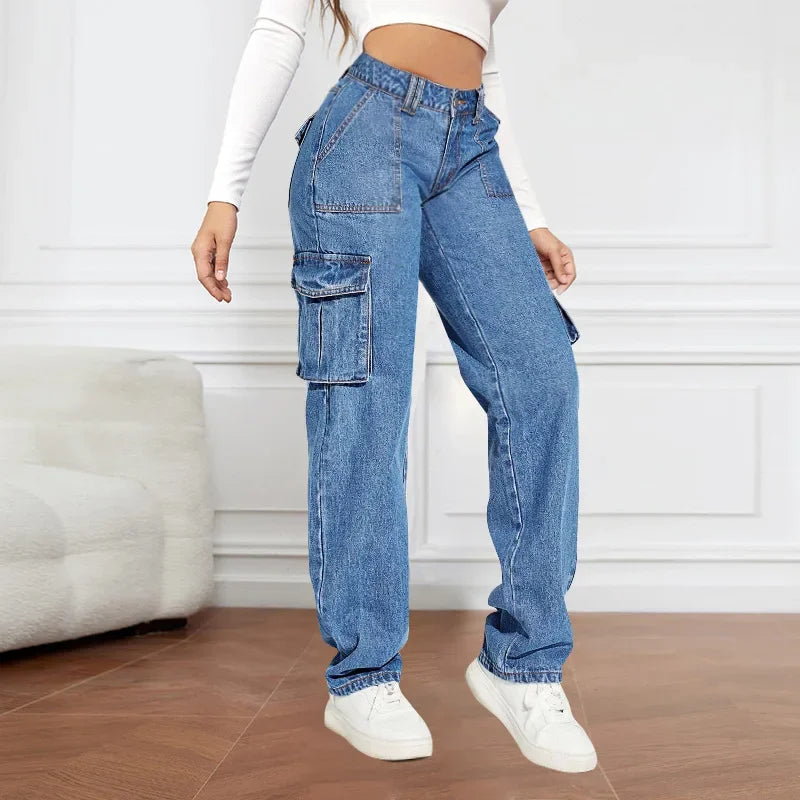 American Retro Mid-waist Multi-pocket Cargo Pants Jeans