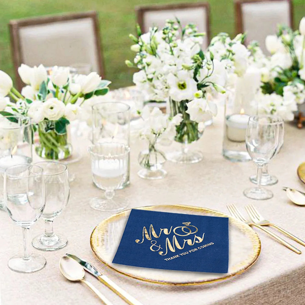 100PCS Mr&Mrs Wedding Paper Napkins Disposable 3-PLY 10inch Bronzing Cocktail Beverage Dessert Napkins for Wedding Anniversary
