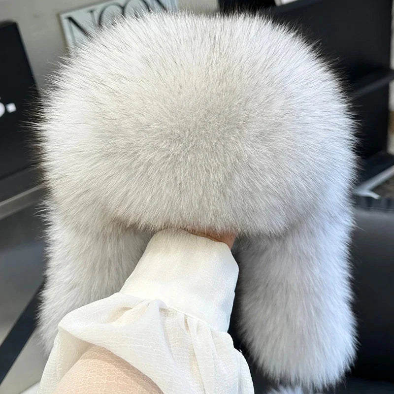 2025 100% Real Fox Fur Hats Women's Russian Ushanka Aviator Trapper Snow Skiing Hat Caps Earflap Winter Raccoon Fur Bomber Hat