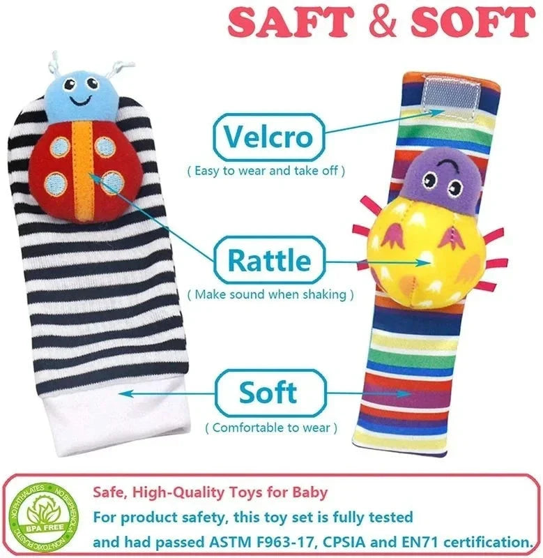 4 PCS Baby Rattle Toy Set Soft Animal Socks & Wrist Straps for Newborns 0–12 Months Educational Plush Toys