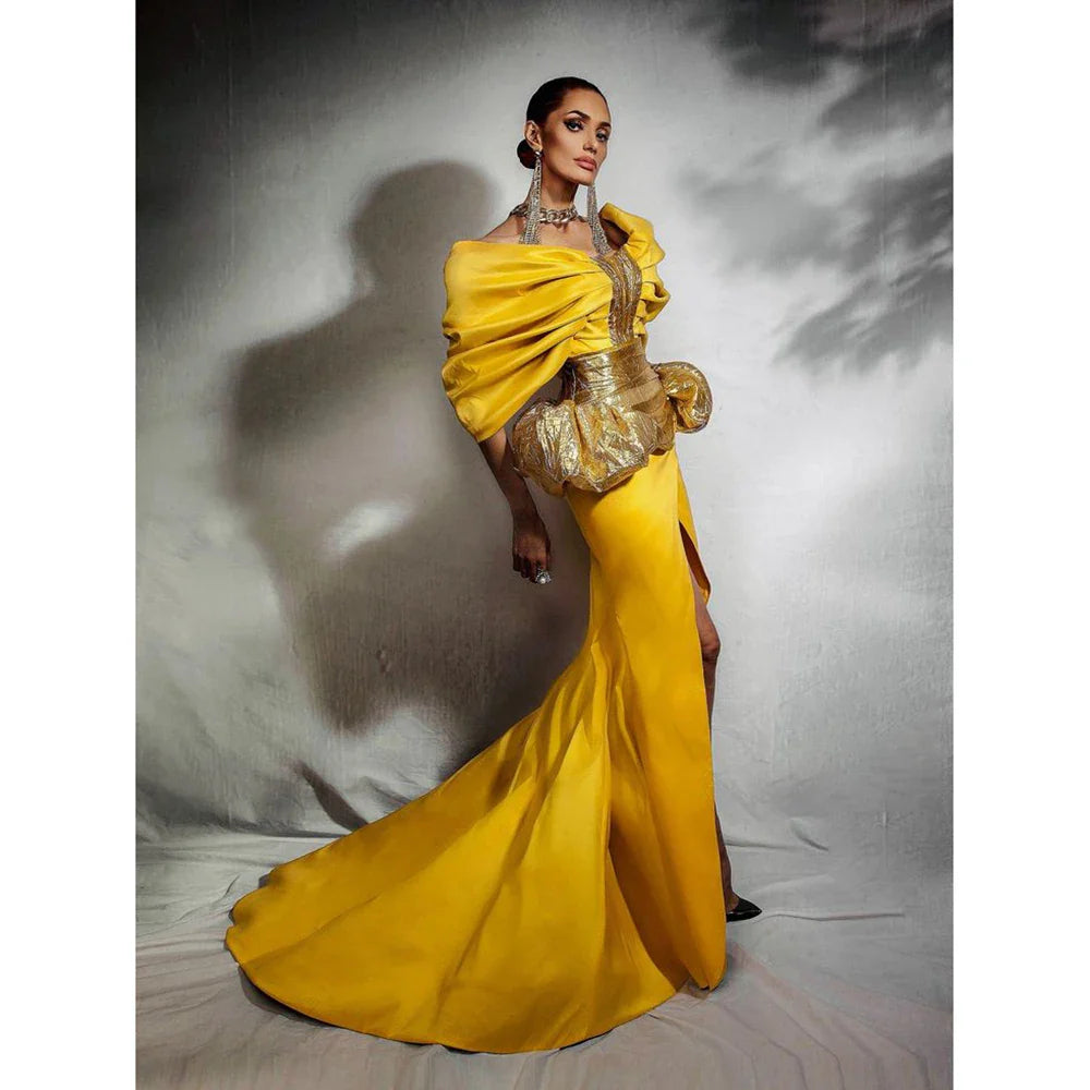 Luxury Long Sleeve Yellow Evening Dress for Women with Boat Neck and Chapel Train Split