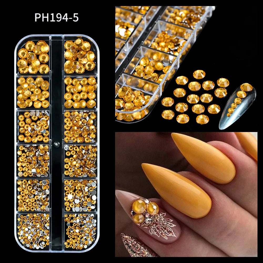 12 Grids Mixed Nail Rhinestones - SS6-SS30 Flat-Back Glass Gems for Nail Art