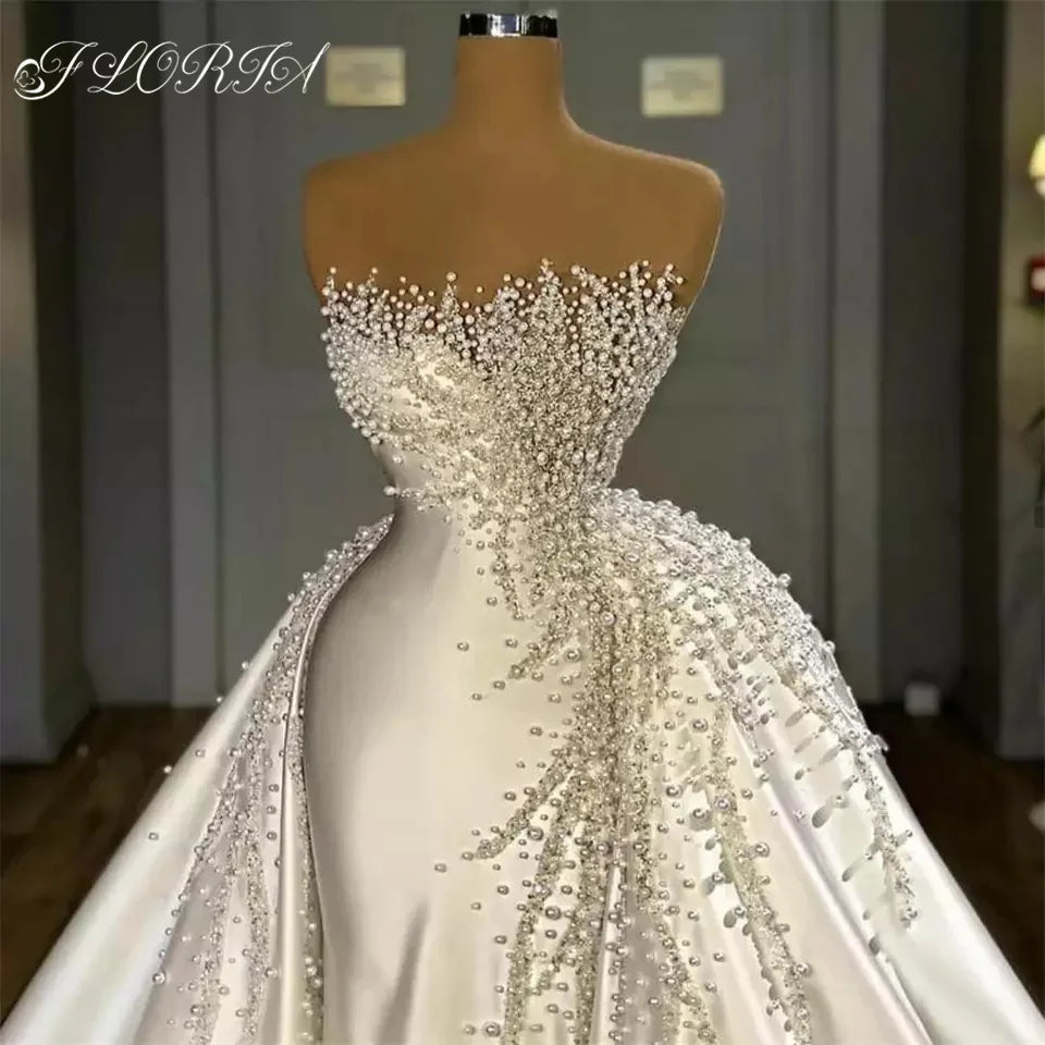 Elegant Pearls Crystal Mermaid Wedding Dress Strapless Overskirt Satin Bridal Gown