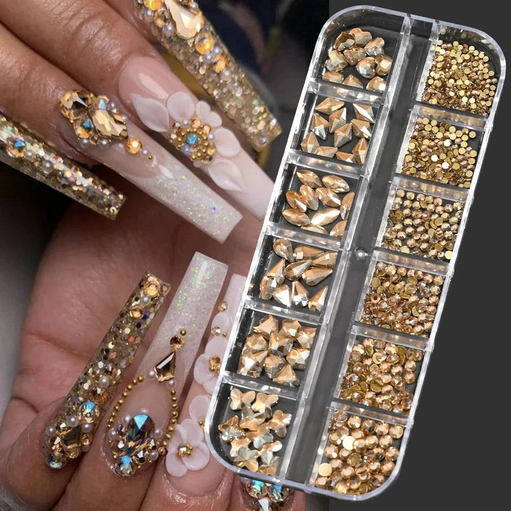 12 Grids Mixed Nail Rhinestones - SS6-SS30 Flat-Back Glass Gems for Nail Art