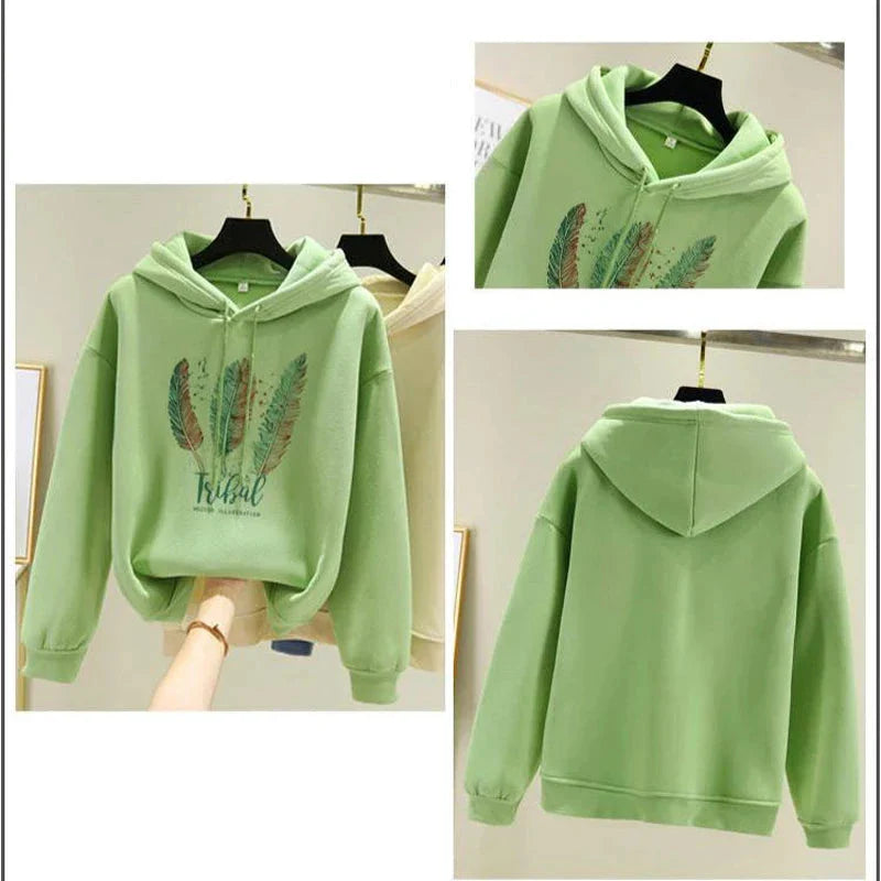 Women’s Feather Print Hoodie – Plus Velvet Loose Sweatshirt for Autumn & Winter Casual Wear