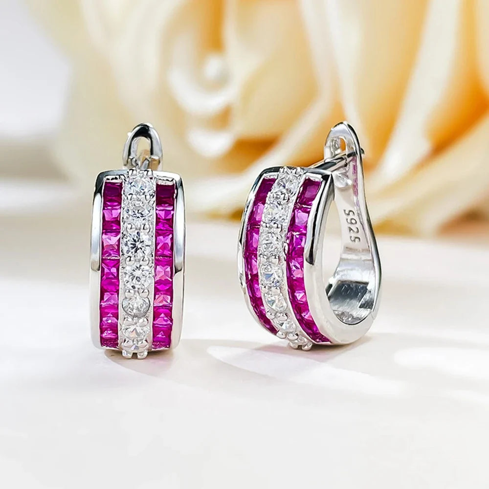 Sapphire Ruby High Carbon Diamond Gems Hoop Earrings for Women 100% 925 Sterling Silver Fine Jewelry