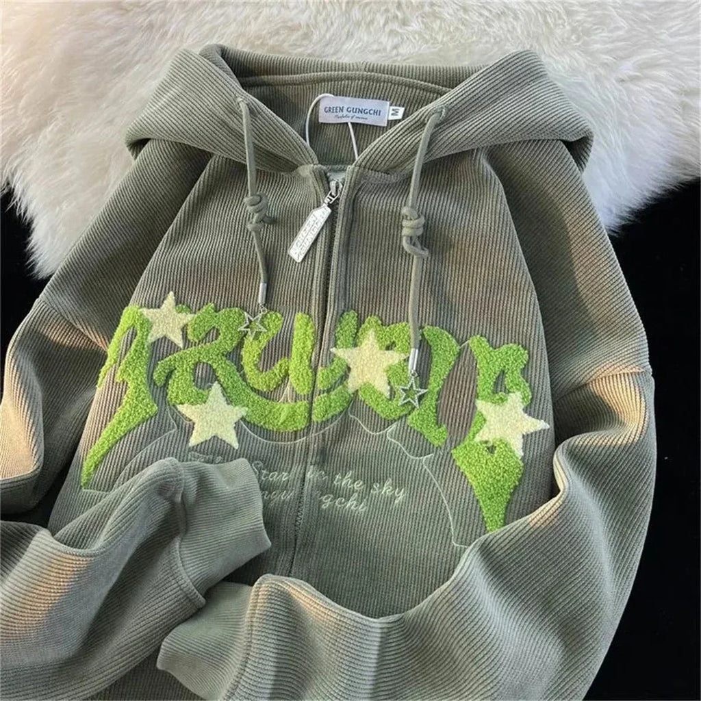 Women’s Y2K Embroidered Zip-Up Hoodie – Fashionable Autumn Long Sleeve Streetwear Top