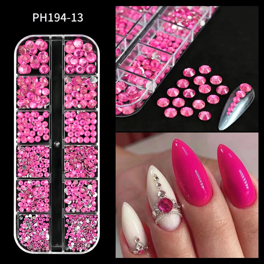 12 Grids Mixed Nail Rhinestones - SS6-SS30 Flat-Back Glass Gems for Nail Art