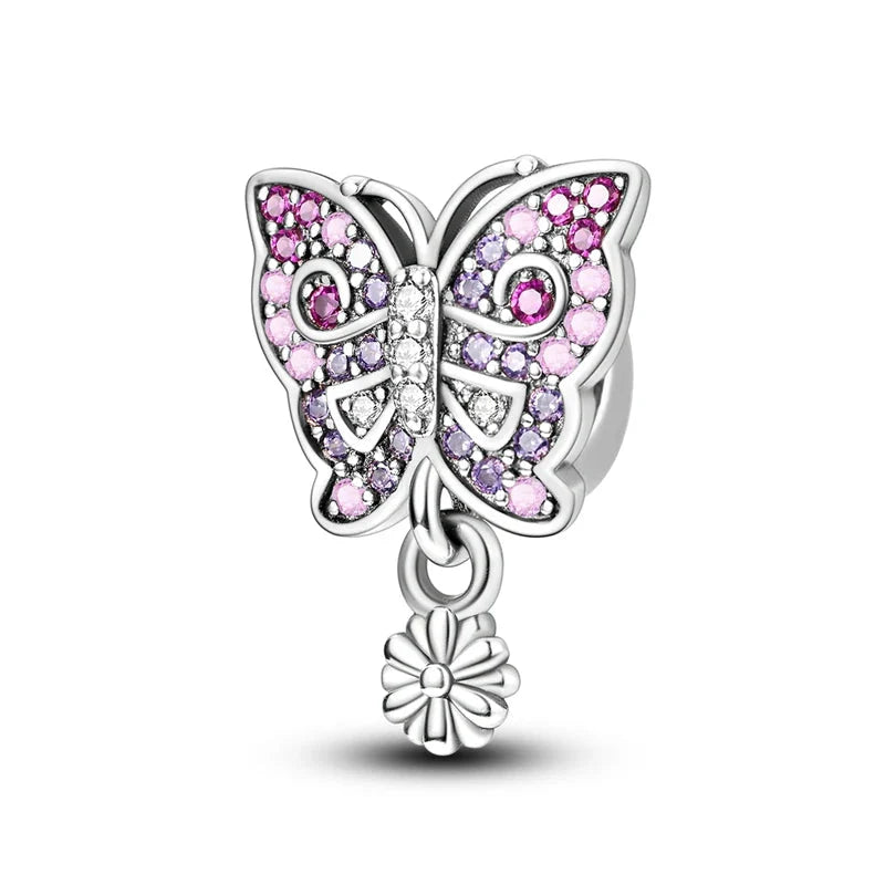 100% 925 Sterling Silver Rainbow Zircon Butterfly Dragon Silicone Stopper Charms - Colorful Beads for DIY Bracelets, Customizable Jewelry for All Occasions
