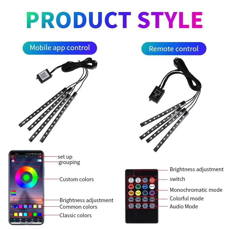 Neon LED Car Interior Ambient Light Kit - RGB Foot Strip with Remote & App Music Control