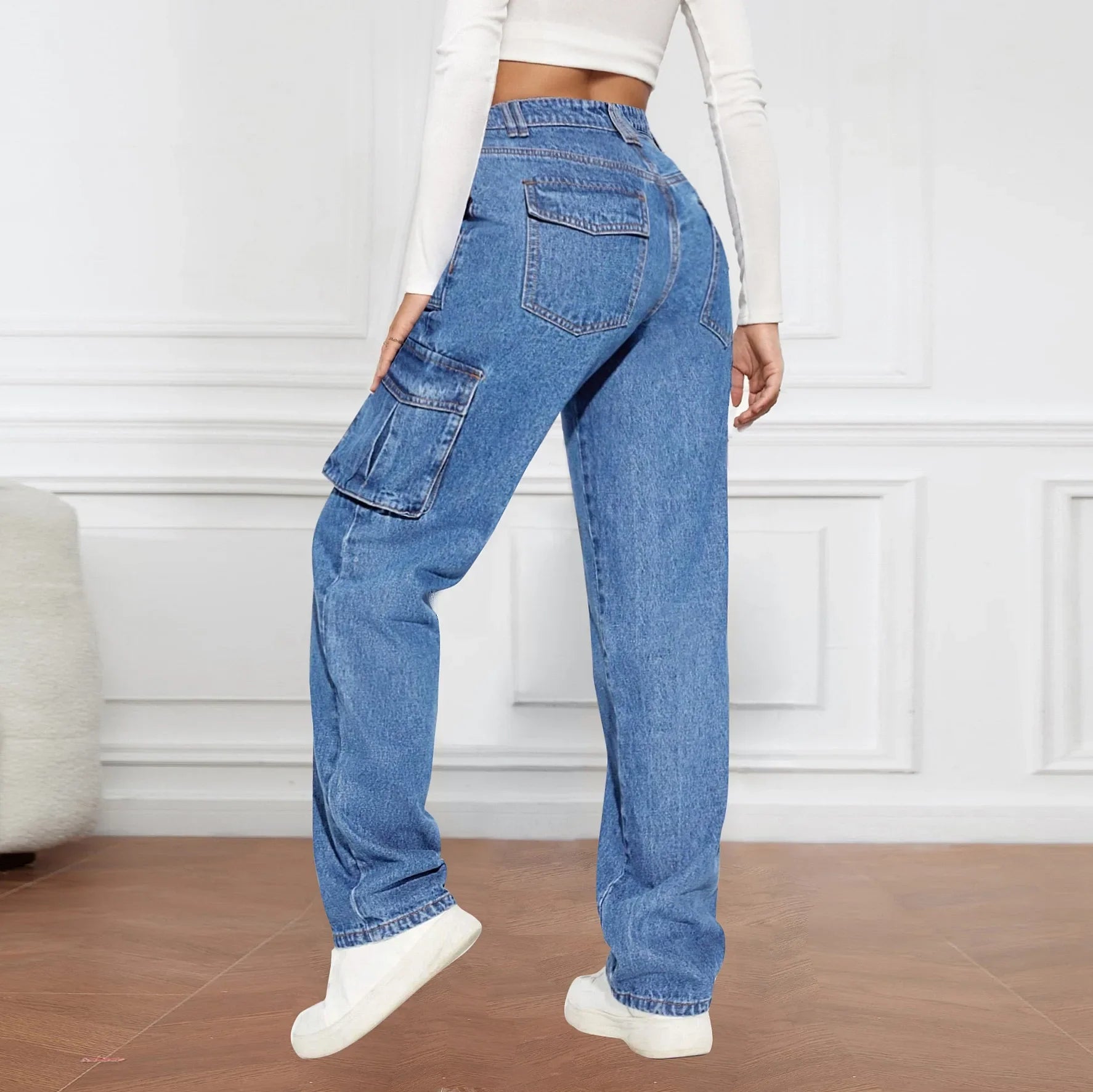 American Retro Mid-waist Multi-pocket Cargo Pants Jeans