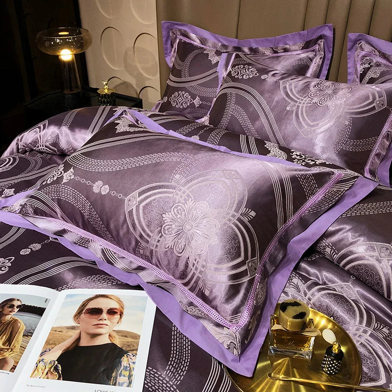 Soft Satin Jacquard Cotton Bedding Set, Luxury Duvet Cover, Blue, Gold, Gray, Queen, King Bed Sheet, Pillowcases, Home Textiles