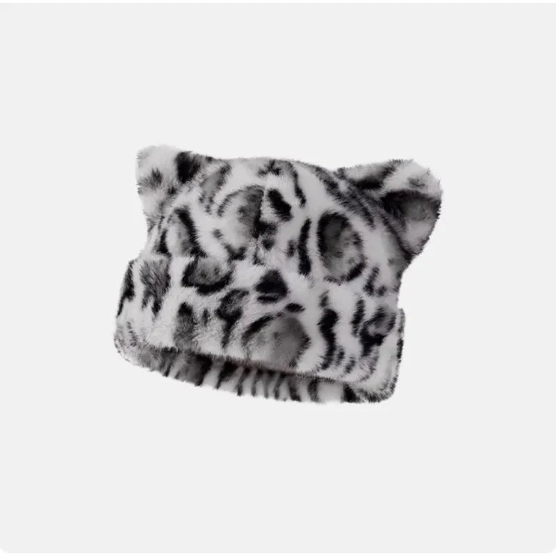 Leopard print plush teddy bear hat for women, sweet and cute, thick and warm, retro and versatile, hooded beanie.