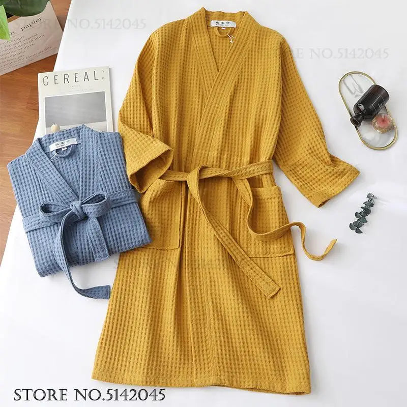 Adult Cotton Waffle Kimono Bathrobe Gown with Pocket Loungewear Sleepwear