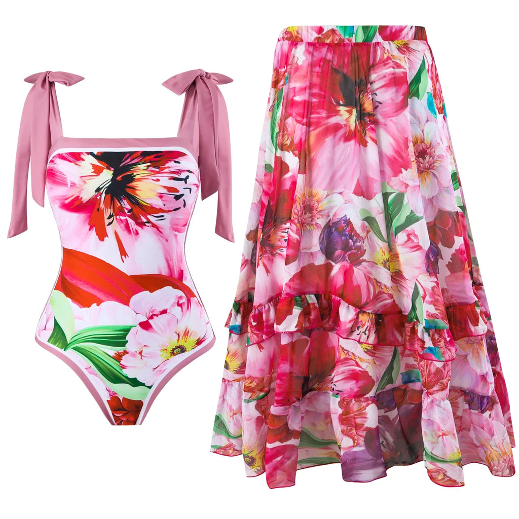 2-Piece Women Brazilian Floral Printed Ruffle Bikinis Strappy Bandage Swimwear