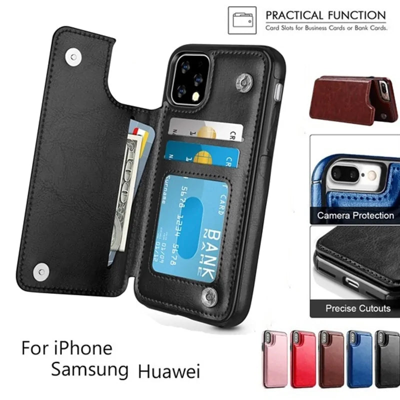 Leather Wallet Case for iPhone - Flip Cover with Card Slots & Kickstand