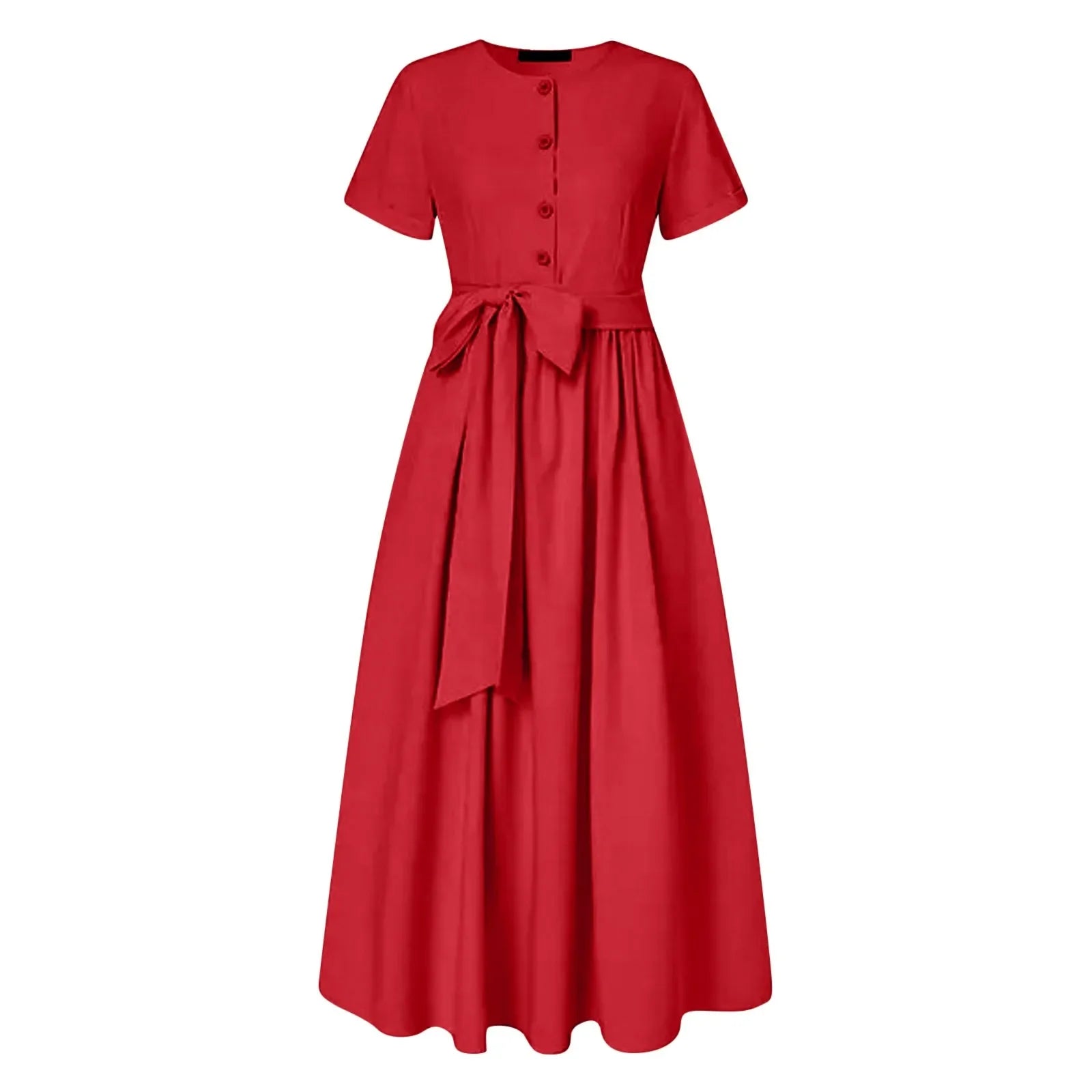Women Elegant Formal Party Evening Dress Short Sleeve Sashes Mid-Calf Dress