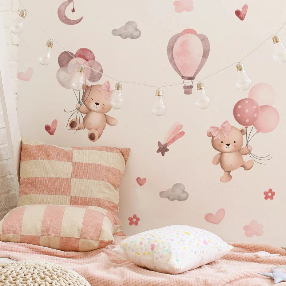 Pink Cartoon Bear Wall Stickers for Kids & Nursery Room Decor