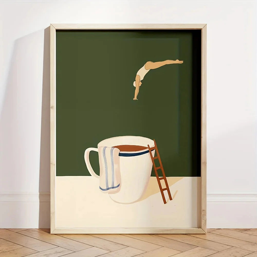 Retro Coffee Diving Poster Canvas Wall Art | Good Morning Coffee Print