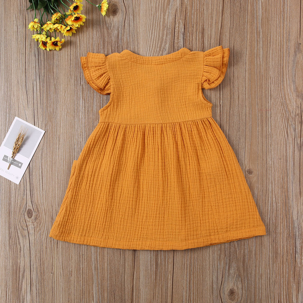 0-6Years Toddler Kid Baby Girl Summer Dress Ruffles Sleeves Cotton Button Pocket Dress Sundress