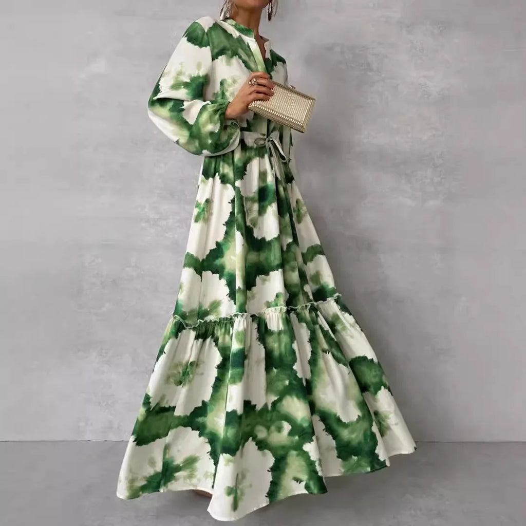 Summer Long Elegant Women Maxi Dresses Green Print Long Sleeve V Neck Waist