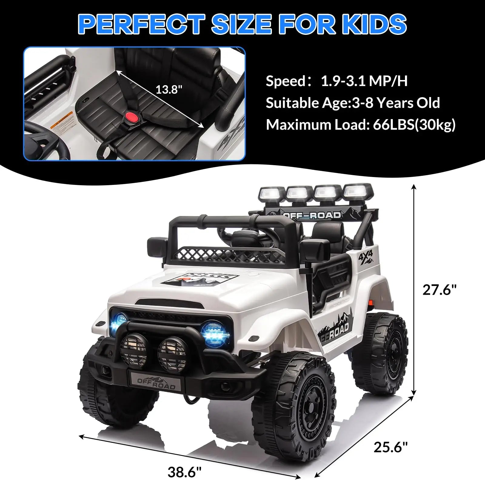 12V Kids Ride On Truck With Remote Control 3 Speeds LED Lights Spring Suspension Dual Motors Long Lasting Battery