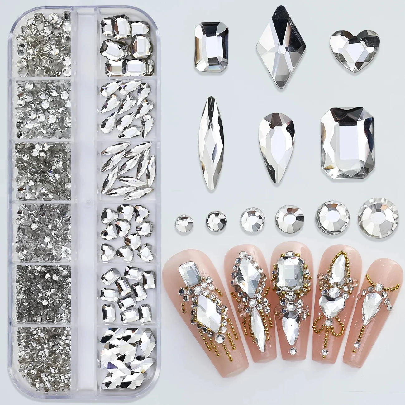 12 Grids Mixed Nail Rhinestones - SS6-SS30 Flat-Back Glass Gems for Nail Art