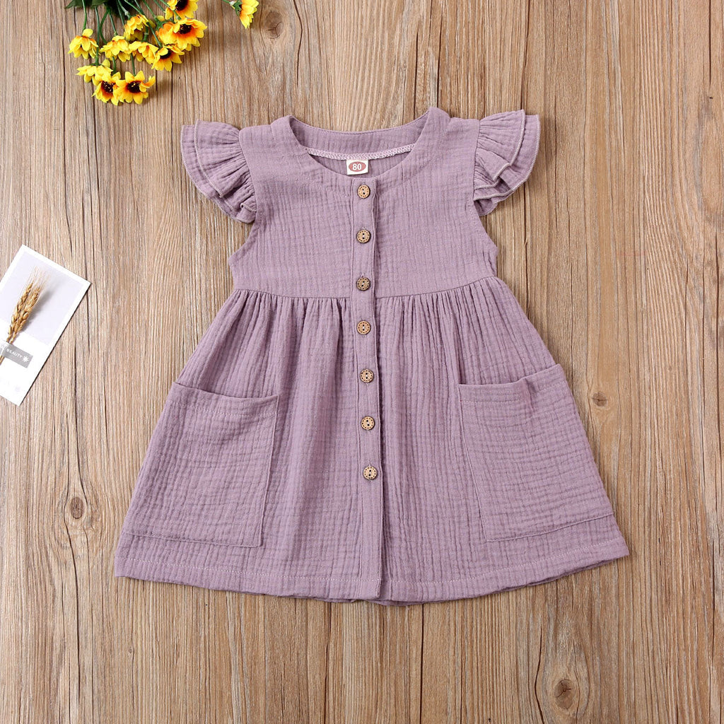 0-6Years Toddler Kid Baby Girl Summer Dress Ruffles Sleeves Cotton Button Pocket Dress Sundress