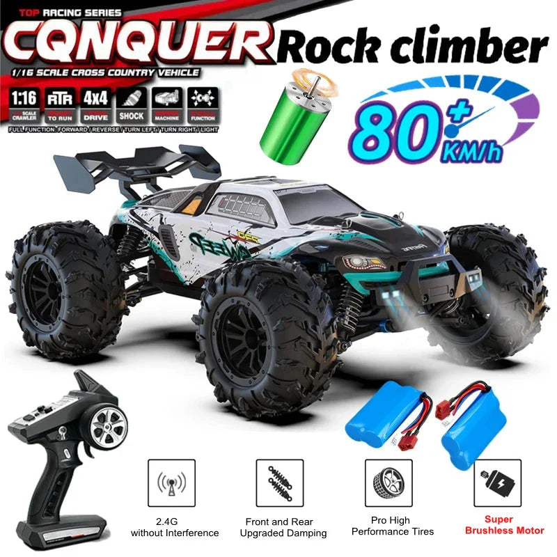 4WD RC Off-Road Car - 1:16 High-Speed Brushless Truck, 50-80KM/H, 4x4 Drift Racing Toy for Kids & Adults