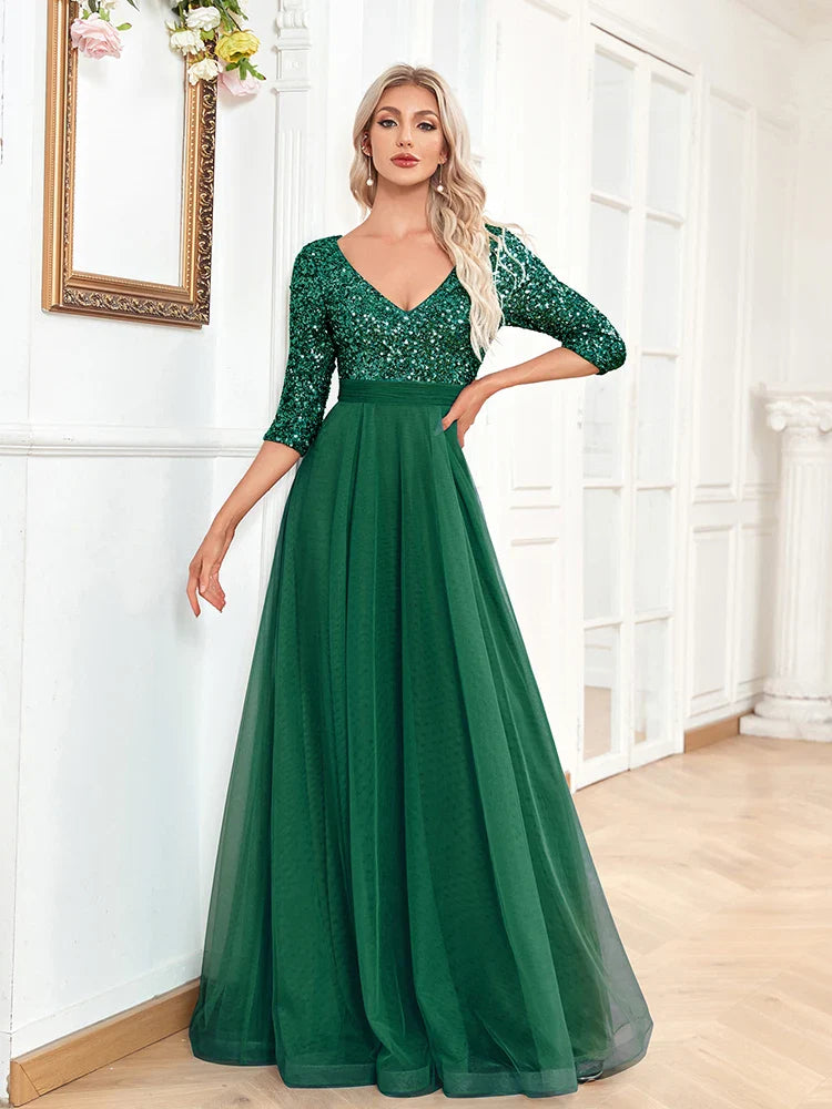 Luxury Floor Length V-Neck Evening Dress Party Maxi Dress Sequin Short Sleeves Prom Cocktail Gown