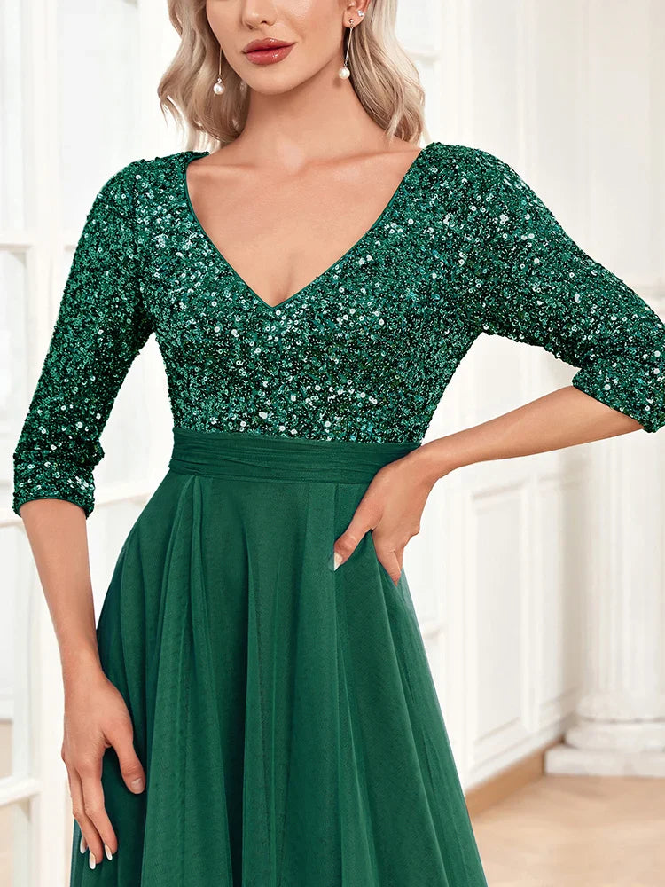 Luxury Floor Length V-Neck Evening Dress Party Maxi Dress Sequin Short Sleeves Prom Cocktail Gown