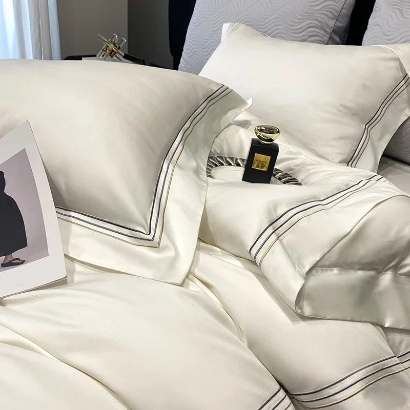 Luxury Three-line Embroidery Solid Color 1000TC Egyptian Cotton Bedding Set Duvet Cover Bed Sheet/Fitted Sheet Pillowcases 4Pcs