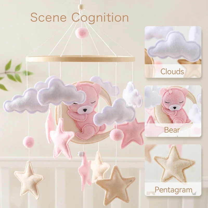 Crib Mobile Rattle Wooden Baby Bell with Felt Cartoon Bear Toys