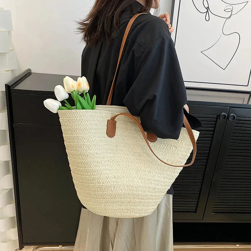 Women’s Straw Woven Shoulder Bag – Large Capacity Summer Beach Tote