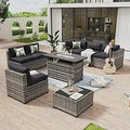 8 Piece Patio Furniture Set with 44” Fire Pit Table Wicker Rattan Outdoor Sectional Sofa Set with Coffee Table and Thickened Cu