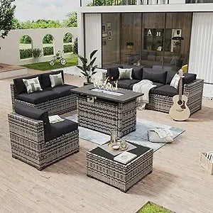 8 Piece Patio Furniture Set with 44” Fire Pit Table Wicker Rattan Outdoor Sectional Sofa Set with Coffee Table and Thickened Cu