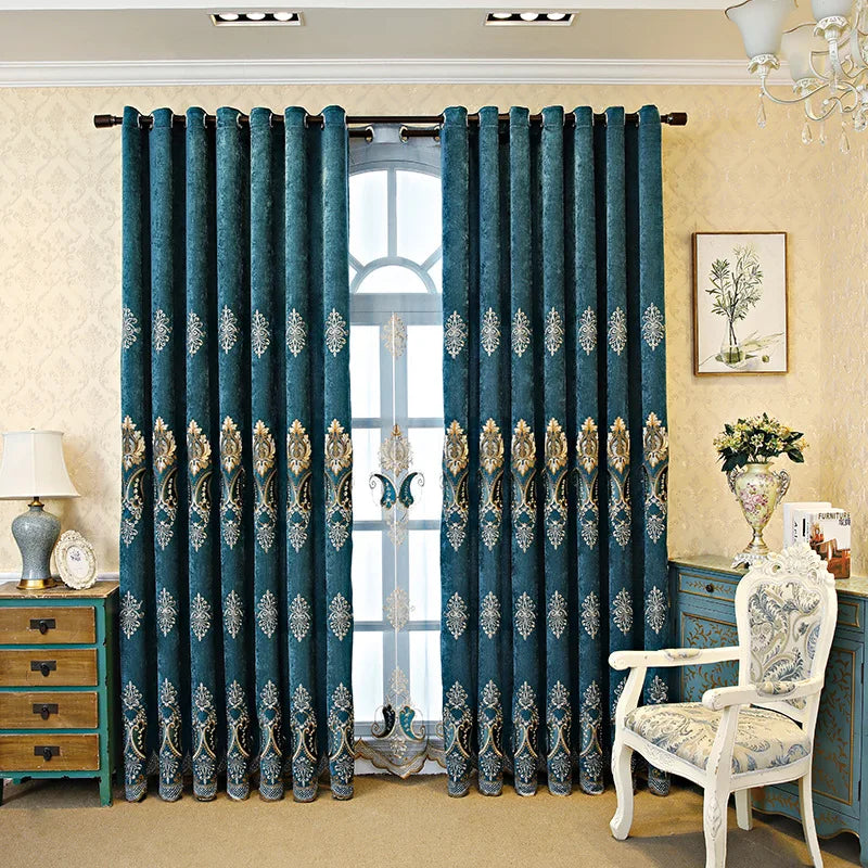 Blue Thickened Embroidery Chenille Shading Curtains for Living Room Bedroom Partition Curtain