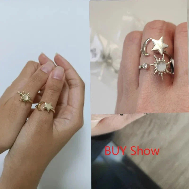 Anti-Stress Spinner Ring for Women – 18K Gold Plated Stainless Steel Fidget Ring with Sunflower & Star Design, Anxiety Relief Jewelry Gift