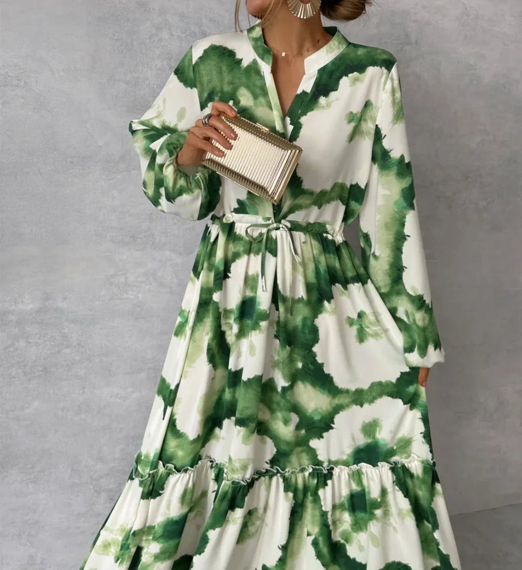 Summer Long Elegant Women Maxi Dresses Green Print Long Sleeve V Neck Waist