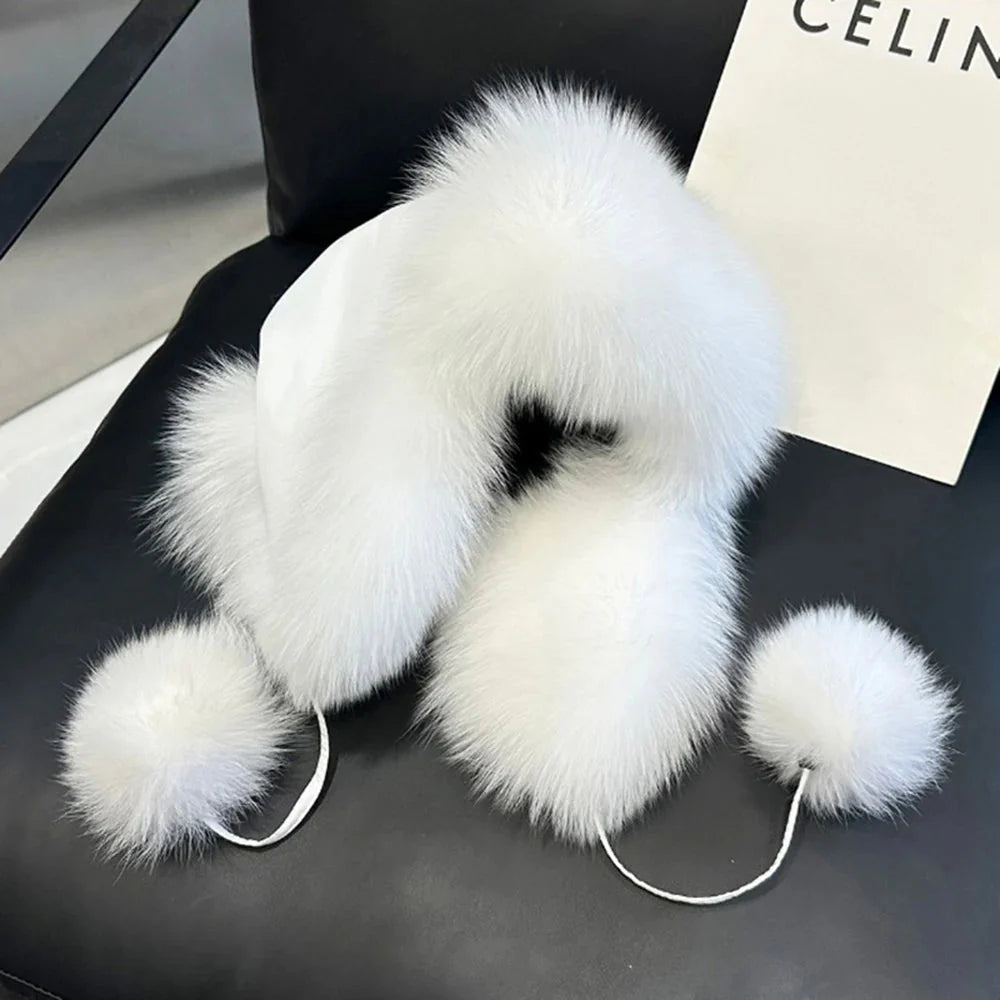 2025 100% Real Fox Fur Hats Women's Russian Ushanka Aviator Trapper Snow Skiing Hat Caps Earflap Winter Raccoon Fur Bomber Hat