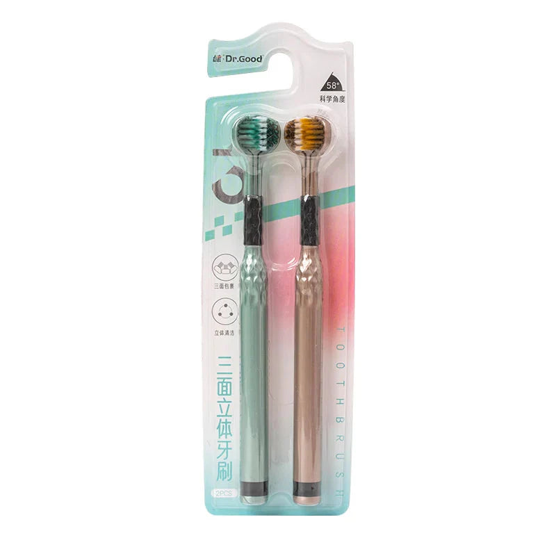 3-Sided Toothbrush for Adults - Soft Bristles, Tongue Cleaner, 2-Pack