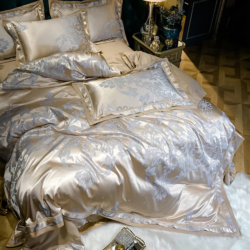 Soft Satin Jacquard Cotton Bedding Set, Luxury Duvet Cover, Blue, Gold, Gray, Queen, King Bed Sheet, Pillowcases, Home Textiles